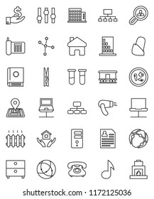 thin line vector icon set - clothespin vector, house hold, music, archive, constellation, investment, personal information, hierarchy, navigator, phone, Railway carriage, settings, vial, microbs