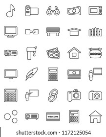 thin line vector icon set - welcome mat vector, microwave oven, pen, blackboard, glasses, calculator, music, cash, money, dry cargo, monitor, link, share, bench, connection, water supply, fence