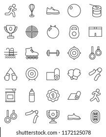 thin line vector icon set - award cup vector, target, barbell, weight, hand trainer, punching bag, fitball, snickers, boxing glove, shorts, roller Skates, medal, sports nutrition, water bottle, pool