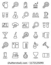 thin line vector icon set - scraper vector, window cleaning, shining, measuring cup, hand mill, spices, jug, flask, glass, cargo search, vial, potion, cloud, magnifier, estate, client, coffee maker