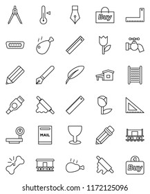 thin line vector icon set - water tap vector, washboard, rolling pin, thermometer, chicken leg, pen, pencil, corner ruler, drawing compass, Railway carriage, glass, tulip, big scales, hdmi, cottage