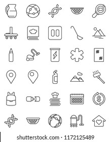 thin line vector icon set - vacuum cleaner vector, window cleaning, agent, colander, ladle, cookbook, jug, backpack, exchange, punching bag, enegry drink, calendar, cargo search, internet, dna, pin