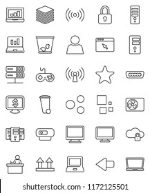 thin line vector icon set - trash bin vector, student, notebook pc, laptop graph, monitor dollar, top sign, gamepad, favorites, hdmi, network server, cloud lock, big data, browser, share, arrow