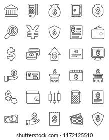 thin line vector icon set - certificate vector, bank, japanese candle, wallet, cash, money bag, investment, dollar growth, check, building, receipt, search, shield, safe, calendar, monitor, cursor