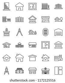 thin line vector icon set - university vector, school building, drawing compass, bank, stadium, dry cargo, hospital, home, chalet, barn, fence, plan, apartments, office, love, store, mall, window