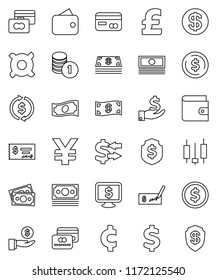 thin line vector icon set - exchange vector, dollar coin, japanese candle, credit card, wallet, cash, investment, stack, check, shield, monitor, any currency, pound, yen sign, cent, money