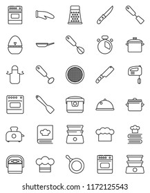 thin line vector icon set - pan vector, cook hat, apron, glove, timer, whisk, spatula, knife, grater, oven, double boiler, cookbook, sieve, dish, mixer, multi cooker, toaster