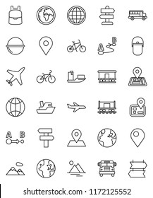 thin line vector icon set - camping cauldron vector, backpack, school bus, world, bike, signpost, navigator, earth, map pin, Railway carriage, plane, ship, route, globe, mountain
