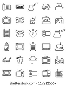 thin line vector icon set - washboard vector, kettle, hand mill, turk coffee, glasses, alarm clock, phone, umbrella, film frame, radio, tv, classic, closed, video camera, sewing machine