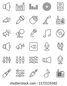 thin line vector icon set - music vector, disk, microphone, speaker, loudspeaker, settings, equalizer, backward button, rca, jack, radio