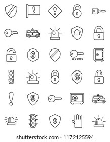 thin line vector icon set - rubber glove vector, dollar shield, safe, attention, traffic light, ambulance car, lock, unlock, key, sign, siren, home protect, password