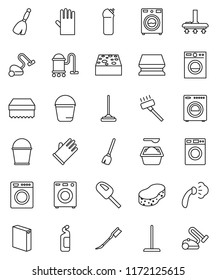 thin line vector icon set - broom vector, vacuum cleaner, mop, bucket, sponge, car fetlock, steaming, washer, washing powder, cleaning agent, rubber glove