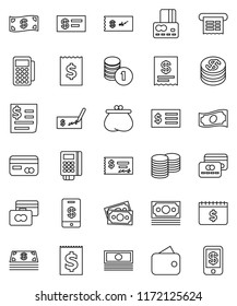 thin line vector icon set - credit card vector, cash, coin stack, check, receipt, dollar calendar, money, wallet, reader, tap pay