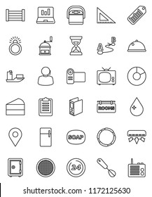 thin line vector icon set - soap vector, water drop, whisk, hand mill, sieve, dish, cake, corner ruler, pie graph, laptop, binder, sand clock, safe, clipboard, hoop, support, ship, wood box, barcode