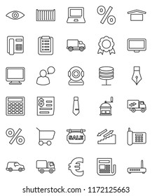 thin line vector icon set - hand mill vector, pen, notebook pc, medal, calculator, tie, euro sign, stairways run, phone, sea container, delivery, car, receipt, dry cargo, newspaper, speaking man