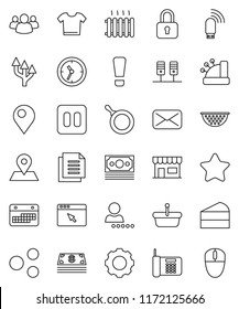 thin line vector icon set - pan vector, colander, cake, map pin, money, clock, calendar, document, group, mail, pause button, server, browser, gear, usb modem, share, route arrow, login, heating
