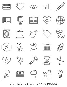 thin line vector icon set - shining vector, washer, meat hammer, cutting board, mixer, chicken leg, pen, presentation, constellation, graph, calendar, jump rope, muscule hand, heart cross, tulip