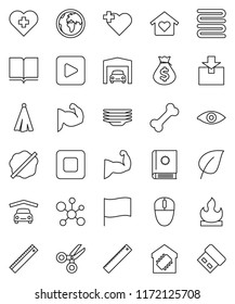 thin line vector icon set - splotch vector, plates, towel, book, ruler, scissors, molecule, flag, leaf, money bag, muscule hand, heart cross, bone, earth, package, flammable, play button, stop, eye