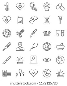 thin line vector icon set - thermometer vector, pills vial, heart cross, pulse, doctor, eye, pregnancy, dropper, crutches, scissors, scalpel, broken bone, sand clock, stethoscope, mortar, microbs
