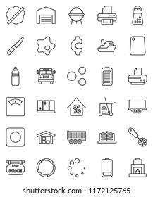 thin line vector icon set - cleaner trolley vector, splotch, shining window, skimmer, knife, cutting board, hand mill, bbq, school bus, percent growth, cent sign, scales, water bottle, hoop, ship