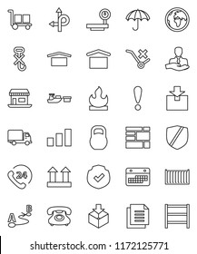 thin line vector icon set - route vector, earth, attention, office, phone, 24, client, sea container, delivery, calendar, port, consolidated cargo, document, umbrella, dry, top sign, no trolley