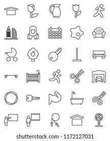 thin line vector icon set - mop vector, splotch, bath, cleaner woman, jug, blackboard, scissors, calendar, jump rope, muscule hand, skateboard, hoop, run, dry cargo, tulip, bench, key, fruit tree