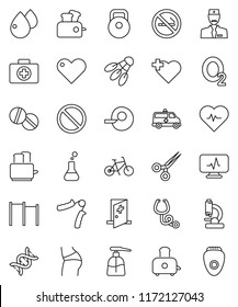 thin line vector icon set - liquid soap vector, toaster, heart pulse, bike, weight, hand trainer, horizontal bar, buttocks, shuttlecock, prohibition sign, no smoking, cross, first aid kit, oxygen
