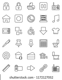 thin line vector icon set - toilet vector, cake, pen, ruler, abacus, music, calculator, target, arrow down, thumbtack, pause button, rec, disabled, home, loading, chain, cottage, lock, smart, phone