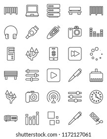 thin line vector icon set - pen vector, clock, barcode, camera, antenna, equalizer, remote control, headphones, play button, forward, hdmi, big data, lan connector, bench, loading, route arrow