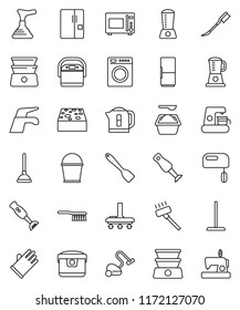 thin line vector icon set - plunger vector, water tap, vacuum cleaner, fetlock, mop, bucket, sponge, car, washing powder, rubber glove, spatula, microwave oven, double boiler, blender, fridge, mixer