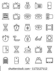 thin line vector icon set - washboard vector, kettle, glasses, alarm clock, abacus, money bag, sand, phone, big scales, film frame, tv, video camera, microphone, classic, fridge, kitchen
