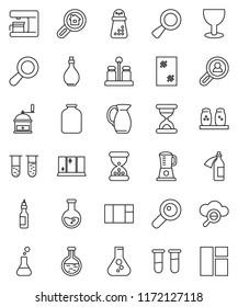 thin line vector icon set - window cleaning vector, shining, oil, hand mill, spices, jug, jar, flask, glass, vial, magnifier, sand clock, potion, cloud, search estate, client, coffee maker, blender