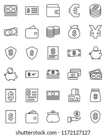 thin line vector icon set - credit card vector, wallet, cash, money bag, piggy bank, investment, coin stack, receipt, dollar shield, euro sign, yen, check
