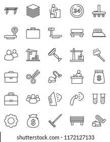 thin line vector icon set - scraper vector, vacuum cleaner, rake, steaming, student, case, money bag, horizontal bar, big scales, group, vial, scissors, data, gear, bench, construction crane, iron