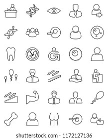 thin line vector icon set - student vector, manager, muscule hand, buttocks, stairways run, bone, client, group, disabled, eye, dna, pregnancy, insemination, sperm, ovule, tooth, user, login