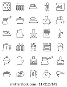 thin line vector icon set - iron vector, pan, camping cauldron, kettle, cook glove, turk coffee, toaster, oven, thermometer, bbq, steak, flammable, fireplace, heating, maker, hair dryer