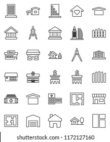 thin line vector icon set - university vector, drawing compass, bank, building, stadium, dry cargo, hospital, home, cottage, chalet, barn, fence, plan, office, love, store, mall, window