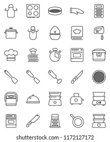thin line vector icon set - pan vector, cook hat, apron, glove, timer, whisk, spatula, knife, grater, oven, double boiler, cookbook, sieve, dish, mixer, multi cooker, toaster
