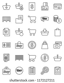 thin line vector icon set - dollar coin vector, cart, credit card, stack, receipt, estate document, search, new, shopping bag, buy, barcode, reader, basket, list