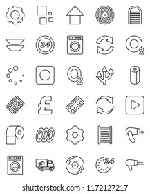 thin line vector icon set - washboard vector, toilet paper, plates, arrow up, pound, oxygen, disk, play button, rec, pills blister, gear, refresh, loading, route, relocation truck, 24 hour, washer