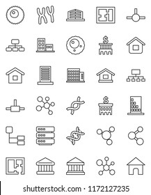 thin line vector icon set - molecule vector, bank, building, hierarchy, dna, chromosomes, ovule, connect, big data, plan, apartments, office, home