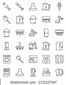 thin line vector icon set - vacuum cleaner vector, bucket, kettle, scales, oven, blender, air conditioner, fridge, washer, coffee maker, hood