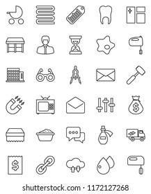 thin line vector icon set - sponge vector, window cleaning, splotch, foam basin, towel, meat hammer, mixer, drawing compass, glasses, magnet, money bag, manager, receipt, sand clock, barcode, dialog
