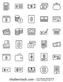 thin line vector icon set - credit card vector, cash, coin stack, check, receipt, dollar calendar, money, wallet, reader, tap pay