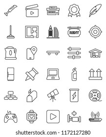thin line vector icon set - mop vector, cleaning agent, pen, telescope, notebook pc, paper pin, medal, target, hierarchy, skateboard, enegry drink, heart monitor, traking, top sign, cinema clap