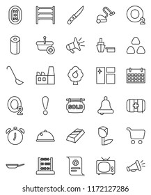 thin line vector icon set - vacuum cleaner vector, window cleaning, toilet paper, pan, ladle, knife, dish, cereal, bell, alarm clock, certificate, abacus, gold ingot, cart, calendar, first aid kit