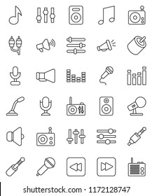 thin line vector icon set - music vector, microphone, radio, speaker, loudspeaker, settings, equalizer, forward button, backward, rca, jack