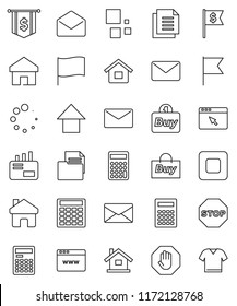 thin line vector icon set - calculator vector, flag, arrow up, dollar, document, mail, stop button, browser, home, loading, house, buy, clothes
