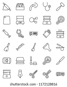 thin line vector icon set - scraper vector, broom, sponge, steaming, toilet brush, rubber glove, cook press, rolling pin, meat hammer, cutting board, double boiler, pen, first aid kit, social media