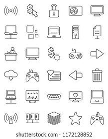 thin line vector icon set - trash bin vector, student, notebook pc, dollar cursor, heart monitor, gamepad, favorites, hdmi, diagnostic, server, network, big data, arrow, cloud download, loading